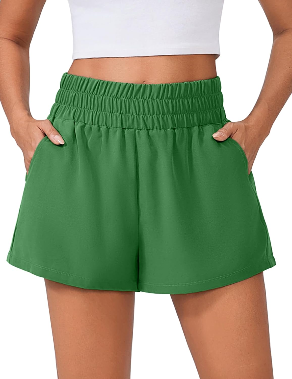 PINSPARK Womens High Waisted Running Shorts, Lightweight Breathable Quick Dry Stretch Linerless Athletic Shorts with Pockets