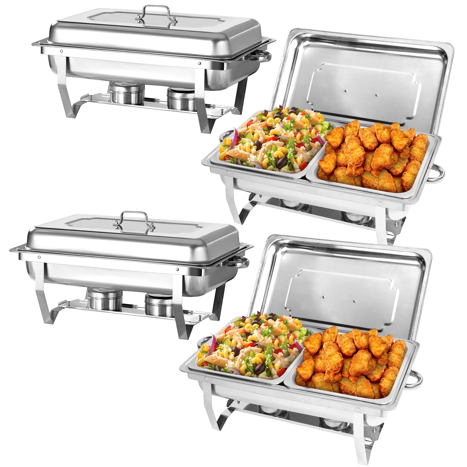 Chafing Dish Profi Set, 4 Stück, 8 x GN 1/2 | Mit halbgroßen Lebensmittelbehältern, Wärmebehälter für Catering, Für Buffet und Hochzeitsfeste, Speisenwärmer Set