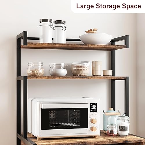 Miniatura 6 de Towallmark Estante para panaderos con tomas de corriente, soporte para horno microondas de 5 niveles con cajón y estantes deslizantes, barra de café