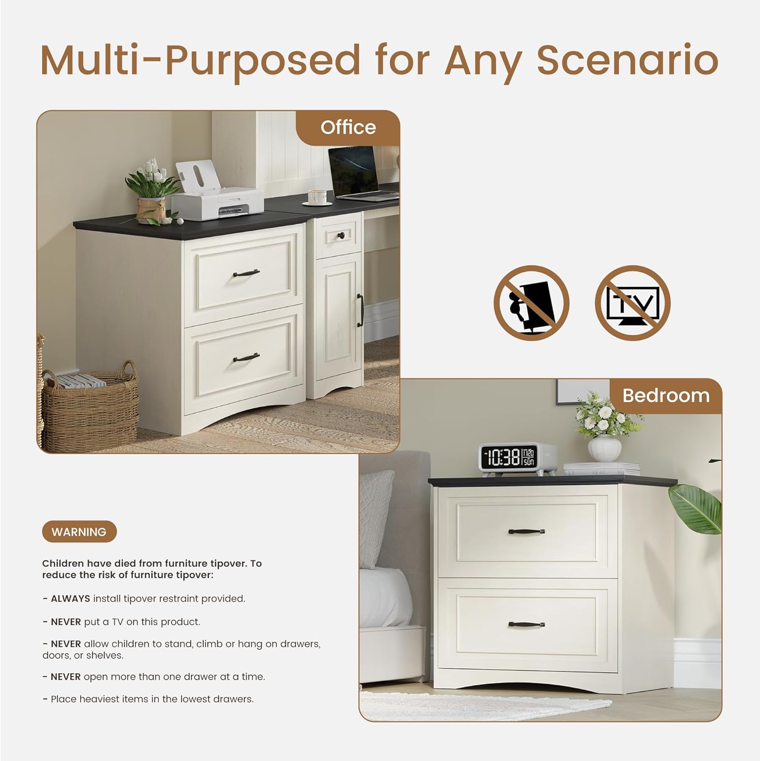 FEZIBO Farmhouse File Cabinet, 30" Lateral Filing Cabinet with 2 Drawers and Hanging Rods, Storage Wood Cabinet for Home Office, Living Room, Bedroom, Pure White