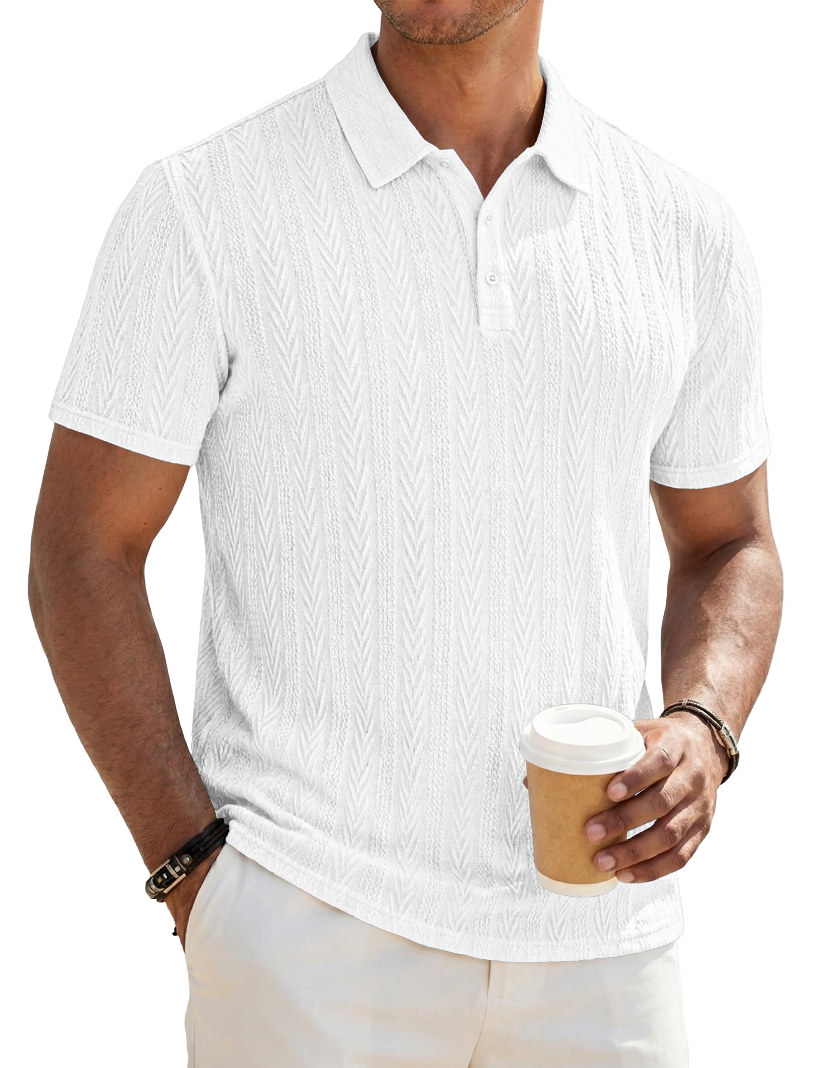 Men's Textured Collared Casual Short Sleeve Knit Polo Shirts