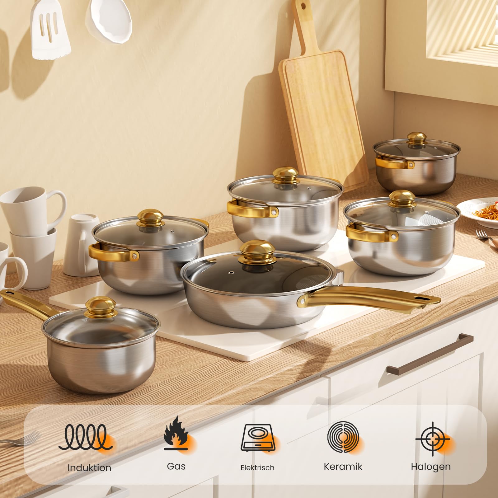 Topfset aus Edelstahl and Pans Set,12-teiliges Küchen-Kochgeschirr-Set, ungiftiges Kochset mit kühl bleibenden Griffen, spülmaschinenfest, Töpfe Set Geeignet für alle Herdarten (Gold B) Küche, Haushalt & Wohnen