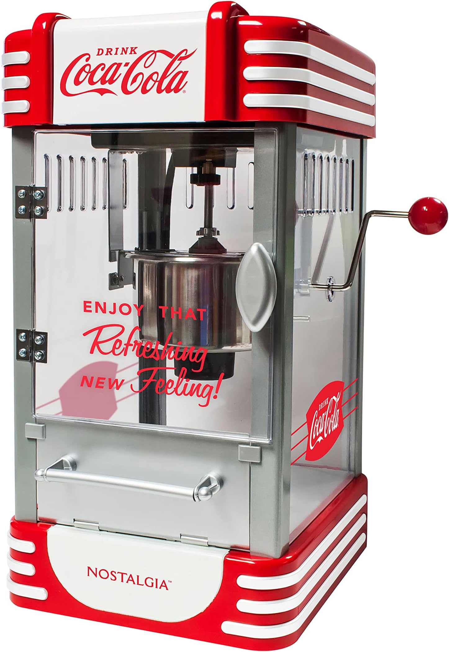 Nostalgia Coca-Cola 2.5 Oz Kettle Popcorn Maker, Makes 10 Cups, Retro Classic Design with Interior Light, Measuring Spoons and Scoop