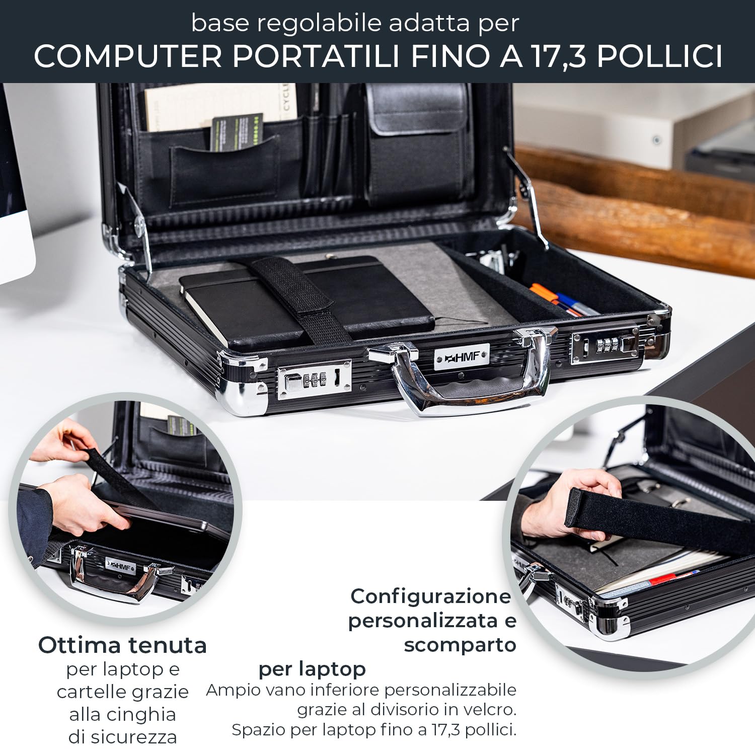 HMF Valigetta portadocumenti in alluminio per laptop fino a 17,3 pollici, Valigetta business da uomo con serratura a combinazione e scomparto laptop imbottito | 45 x 33 x 11 cm | Nero