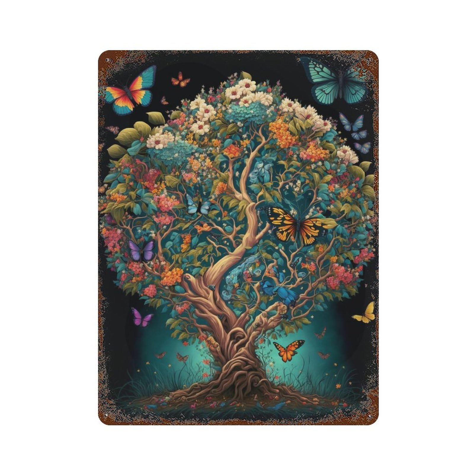 Distressed Metal Wall Sign with Nature's Symphony Flowers & Butterflies Design 15.7"x11.8", for Cafe, Home Bar And Lounge Decor, Retro Wall Decor