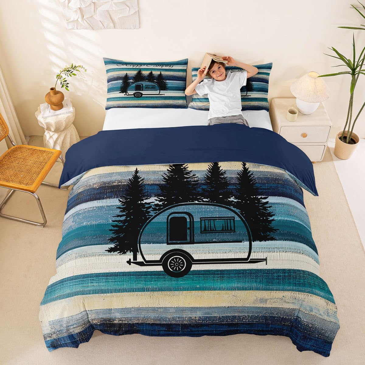 Happy Camping Super King poszewka na kołdrę las sosnowy obóz podróżny zestaw pościeli do samochodu dla dorosłych nastolatków kobiet domek kempingowy kampera vintage poszewka na kołdrę dom wiejski