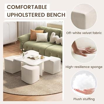 Modern Square Coffee Table Set with 4 Nesting Ottoman Stools, Space Saving Living Room Table with Hidden Seating, Compact Furniture for Apartments, Small Spaces, Lounge or Reception Room