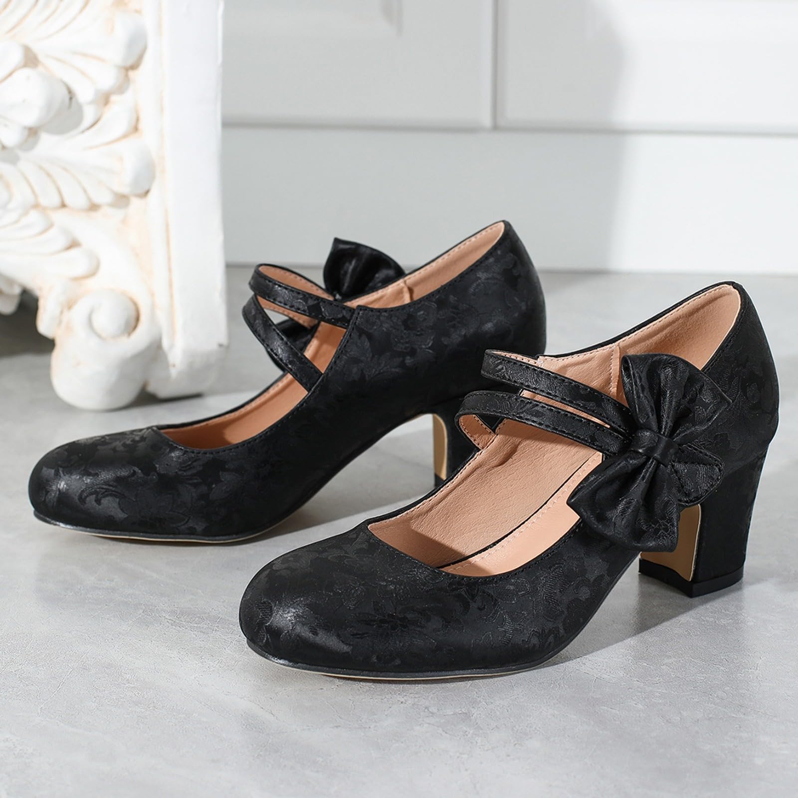 Mary Jane Escarpins Chaussures de mariage rétro pour femme Talons Bowknot Chaussures à talons pour fête de la bière Dirndl Chaussures de travail élégantes Sangle de cheville Chaussures de danse Talon