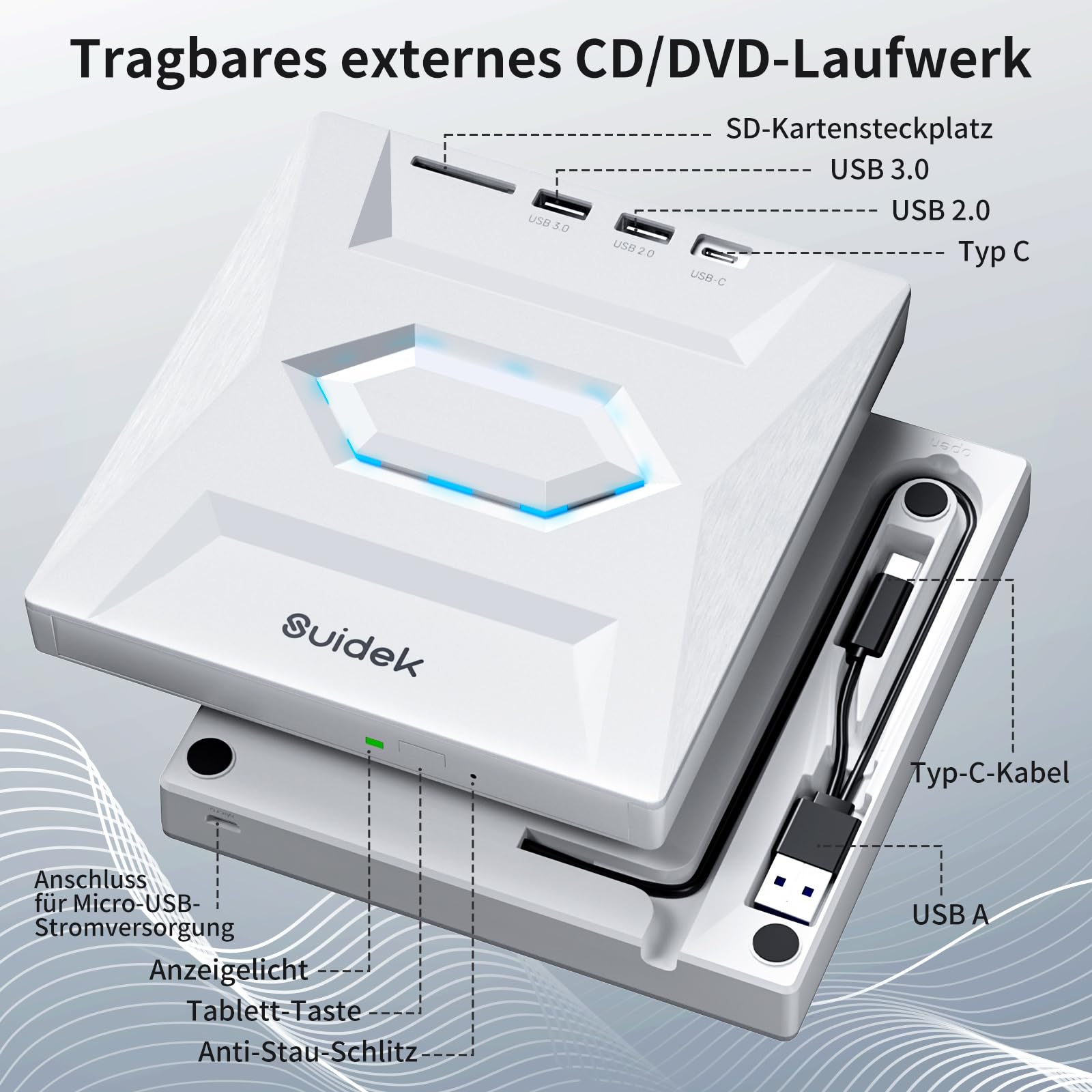 SUIDEK Externes CD DVD Laufwerk für Laptop, Ultra Slim Portable USB C CD/DVD +/-RW Brenner DVD Player für Laptop mit SD Kartenleser USB 3.0 Typ C Hub für Desktop PC Windows Linux