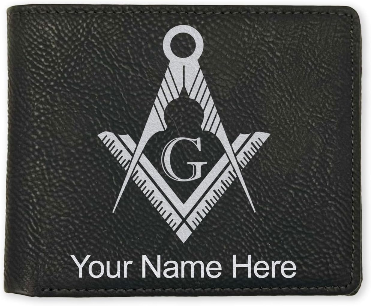 LaserGram Faux Leather Bi-Fold Wallet, Freemason Symbol, Personalized Engraving Included (Black with Gold)