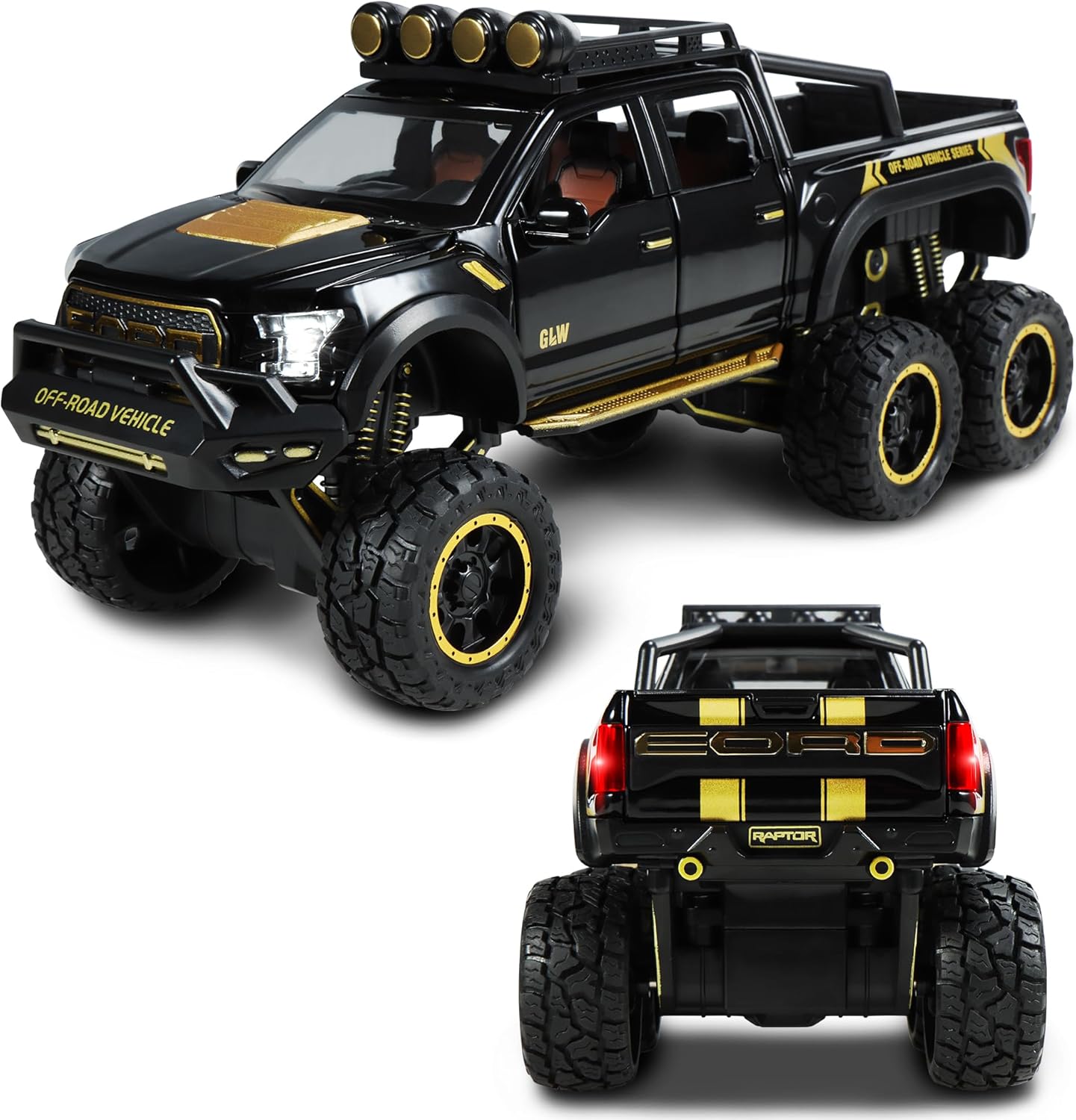 Toy Truck Ford F150 Raptor Pickup, Pull Back Car Toy with Light and Sound, 1/24 Diecast Alloy Toy Cars Model Gift for Ford Lovers Collecttion, Classic Black