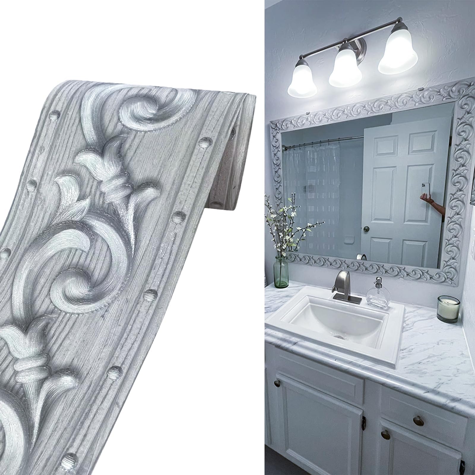 PVC Self Adhesive Silver 3D Flowers Waterproof Wall Border Decor Removable Kitchen Bathroom Tiles Stciker 4 x196.8 inch