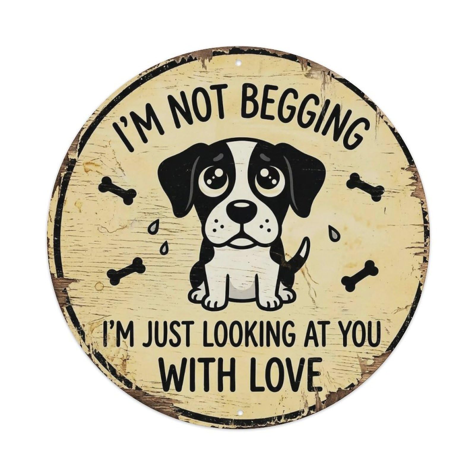 Dog Begging Treats Round Wall Hanging Metal Tin Sign