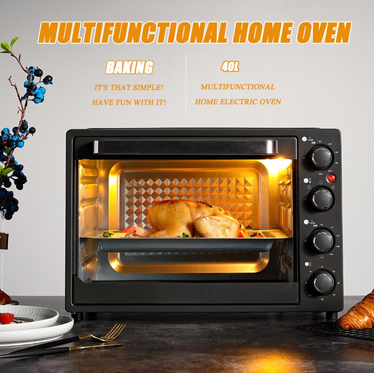 Four à pizza électrique d'intérieur 1500 W, double four commercial, température réglable de 90 à 230 °C, chauffage rapide en acier inoxydable, four multifonction pour la maison et le restaurant