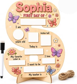 First Day of School Sign for Girls, Butterfly Wooden Milestone Board | Reusable custom A-Z name monogram photo prop for pre-K kindergarten back to school; personalized wooden sign for baby girl