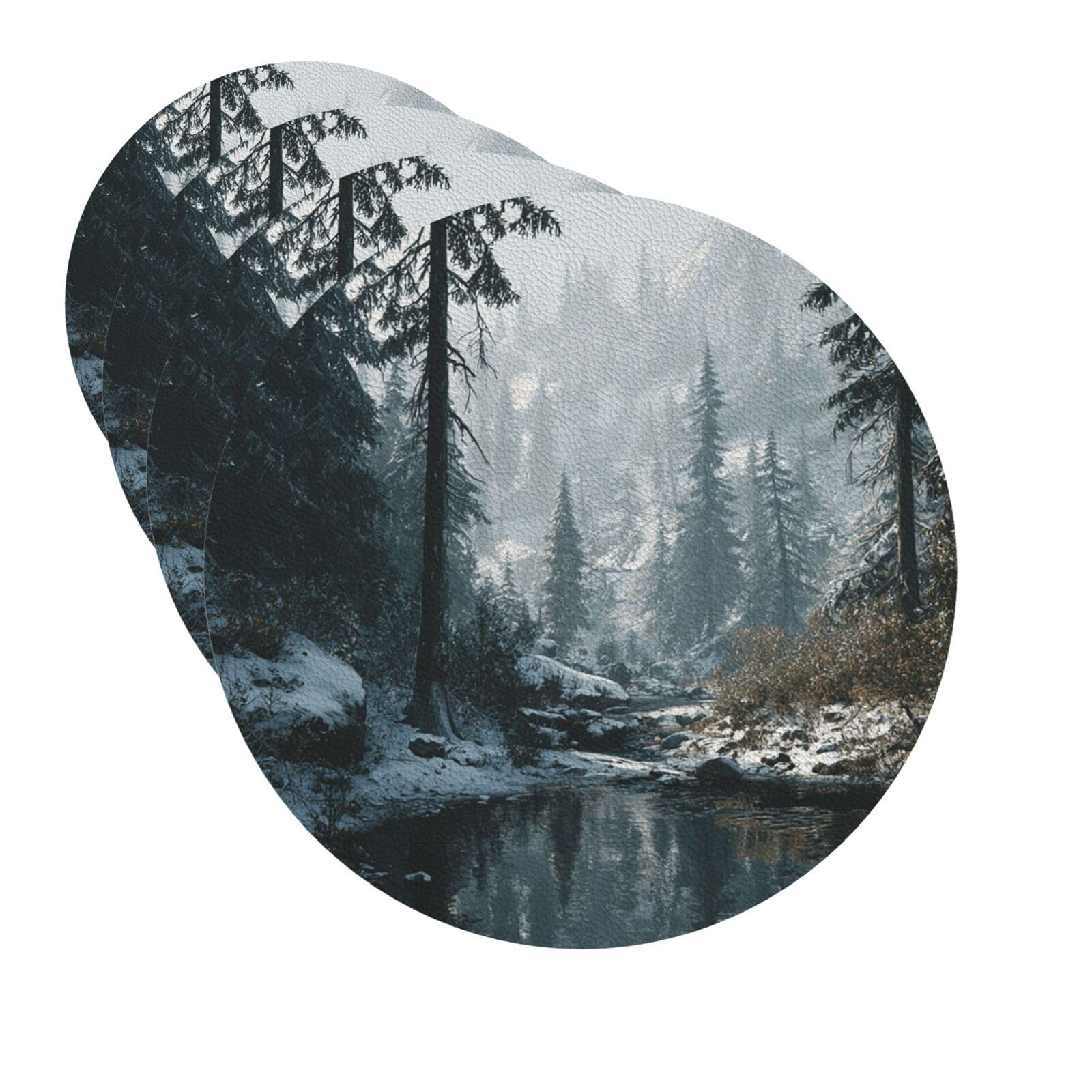 Drink Coasters Set of 4 Quick-Dry Leather Coaster wilderness winter Coasters for Drinks Coffee Cup Mat Tabletop Protection Heat Resistant Coaster for Kitchen Bar Office Home Decor