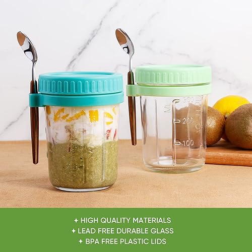 Miniatura 4 de KITCHOP Recipientes de avena durante la noche con tapas y cuchara, tarros de mason, recipiente de avena de vidrio de 16 onzas para llevar para pudín