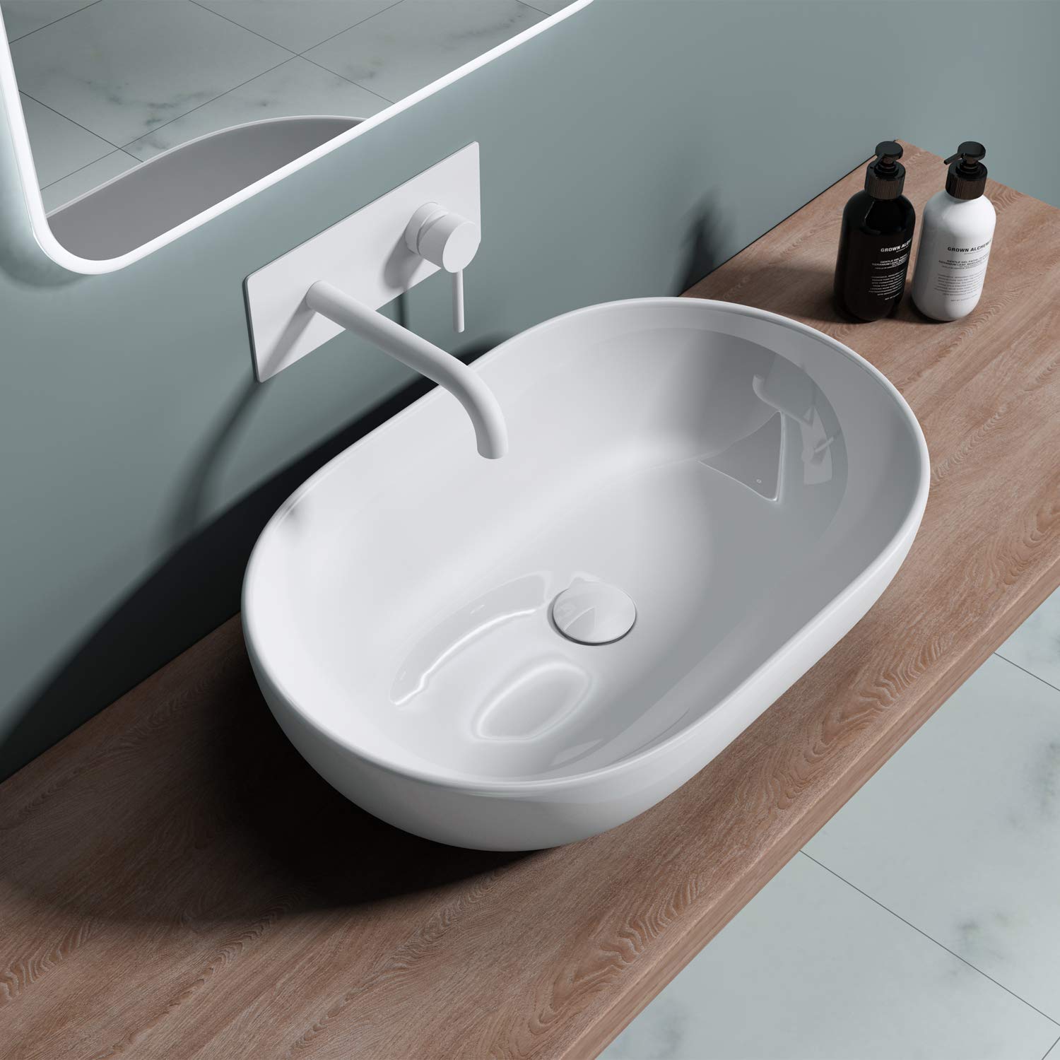 Durovin Bathrooms Ceramic Bathroom Basin - Countertop Sink Vessel - No Tap Hole - Oval Washing Bowl (620 x 420 x150mm)