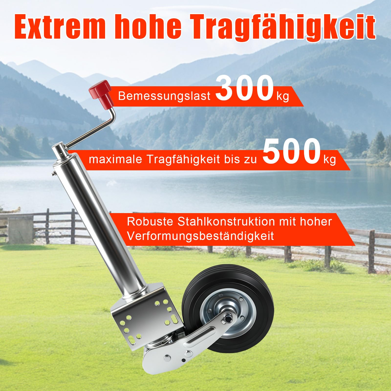 Stützrad für Anhänger mit Kurbel, 500 kg Traglast | Kurbelstützrad höhenverstellbar 245 mm, Deichselstützrad Universal Ersatz für Anhänger Wohnwagen Wohnmobile, Rad 200 x 50 mm