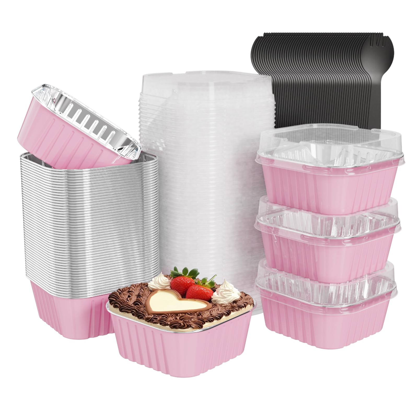 Paquete de 50 mini moldes cuadrados para tartas con tapas, mini moldes para pan con tapas, vasos de papel de aluminio para hornear, vasos desechables para cupcakes, tazas de postre para bodas,