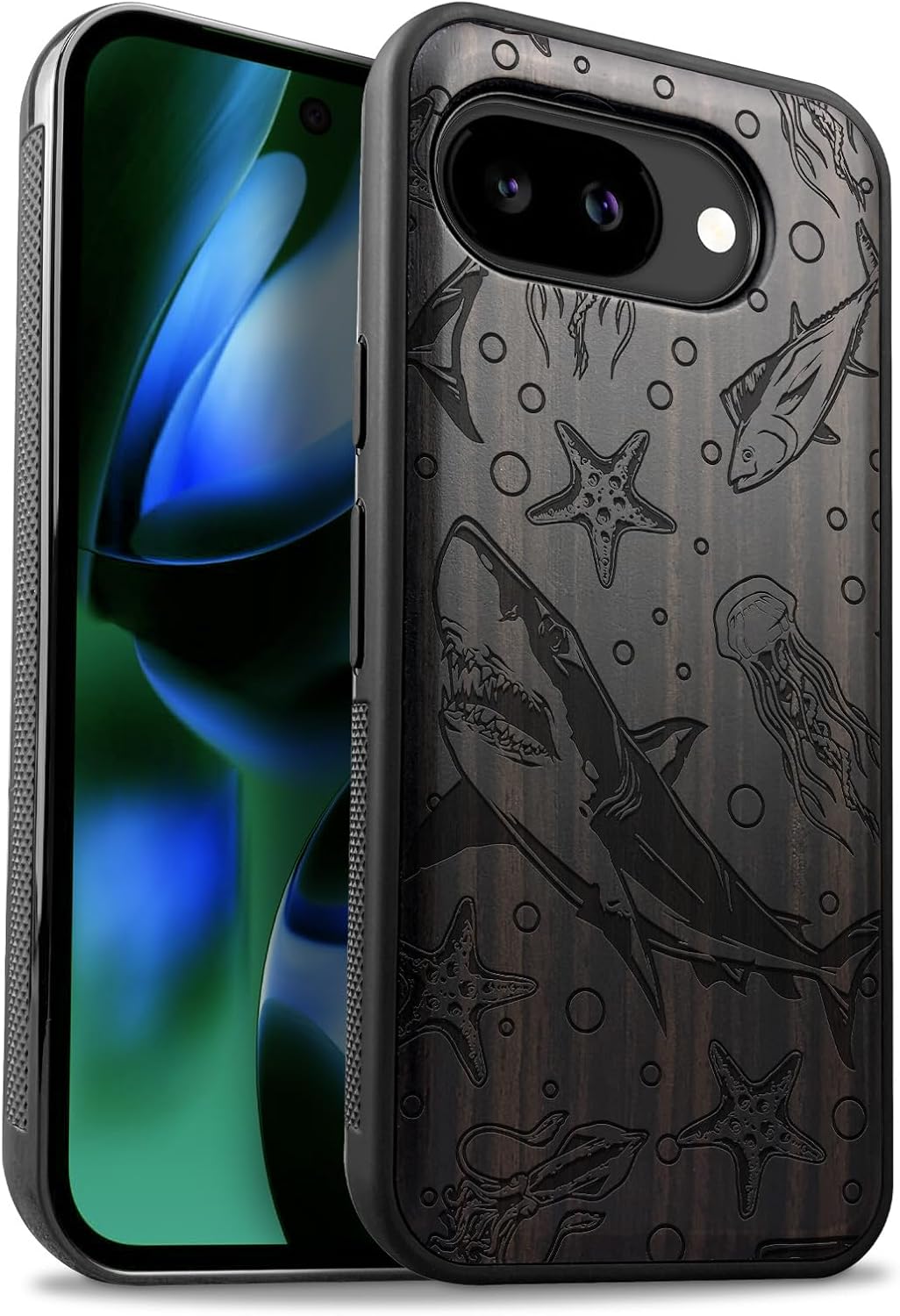 Carveit Magnetic Wooden Case for Google Pixel 10a Case, Wood Artisan Engraved & Soft TPU Shockproof Cover, Compatible with MagSafe Wireless Chargers (Ocean Predator Chaos) Blackwood