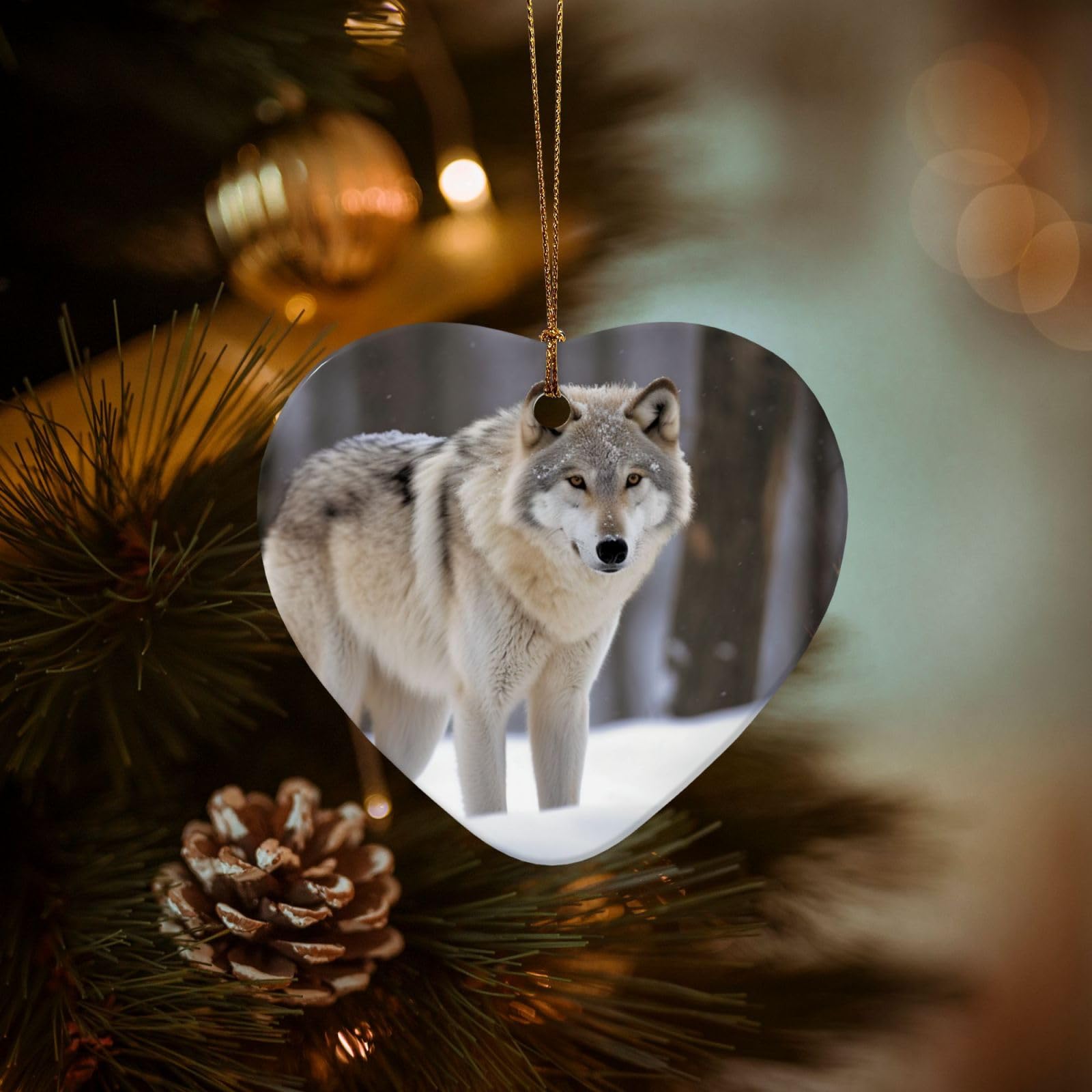 Christmas Ornaments for Christmas Tree Decoration Hanging Wolf in The Snow Ornament with Gold Ribbon Crafts Heart Shape Ceramic Pendant for Keepsake Gifts Xmas Decor Party Supplies