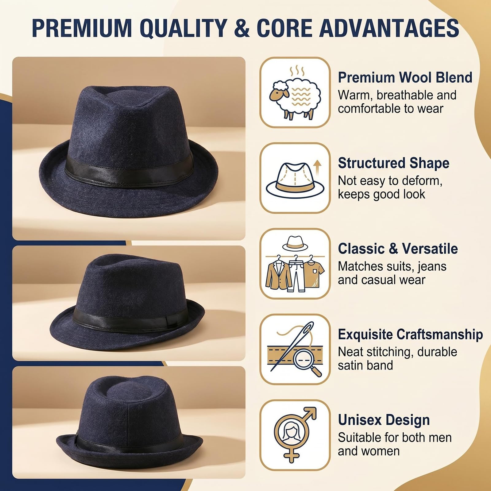 Upstore Cappello unisex Trilby Fedora anni '20 Panama Cappello Manhattan Gatsby con fascia Derby Cappello Jazz Cap