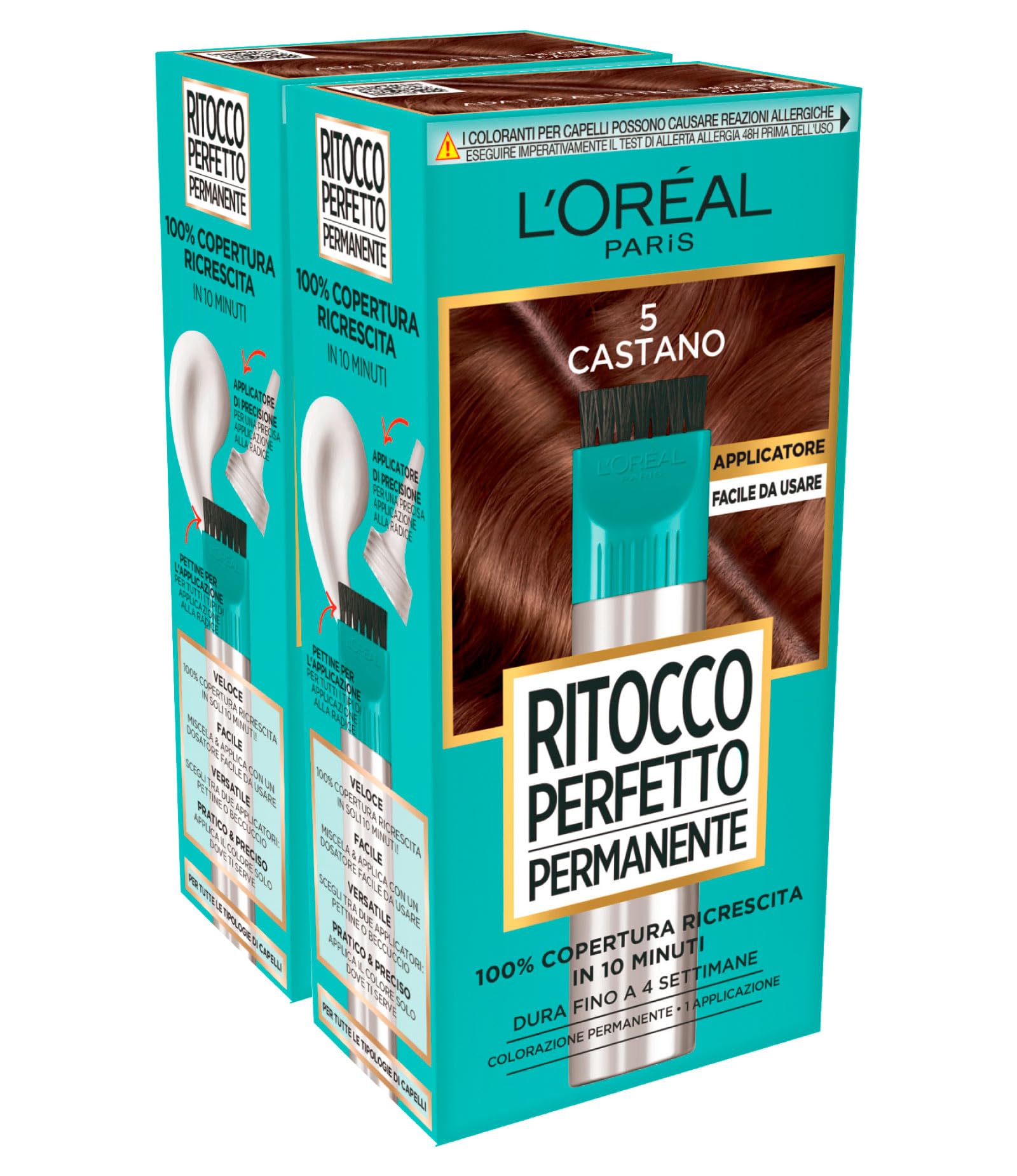 L'Oréal Paris idealny retusz permanentny kolor do włosów z precyzyjnym aplikatorem wylewki i grzebieniem, kolor 5 brązowy, 2 zabiegi