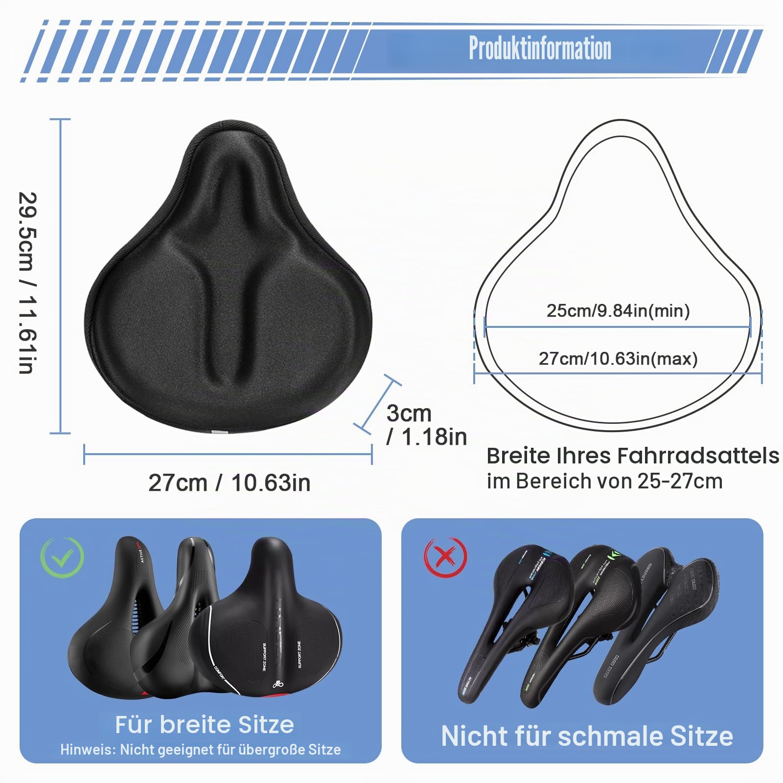 ROADNADO Breiter Fahrradsitzkissenbezug, weich, gepolstert, für Herren und Damen, Fahrradsattelbezug, bequeme Heimtrainer-Sattelkissen für Peloton, Spin, Elektro, Citybike
