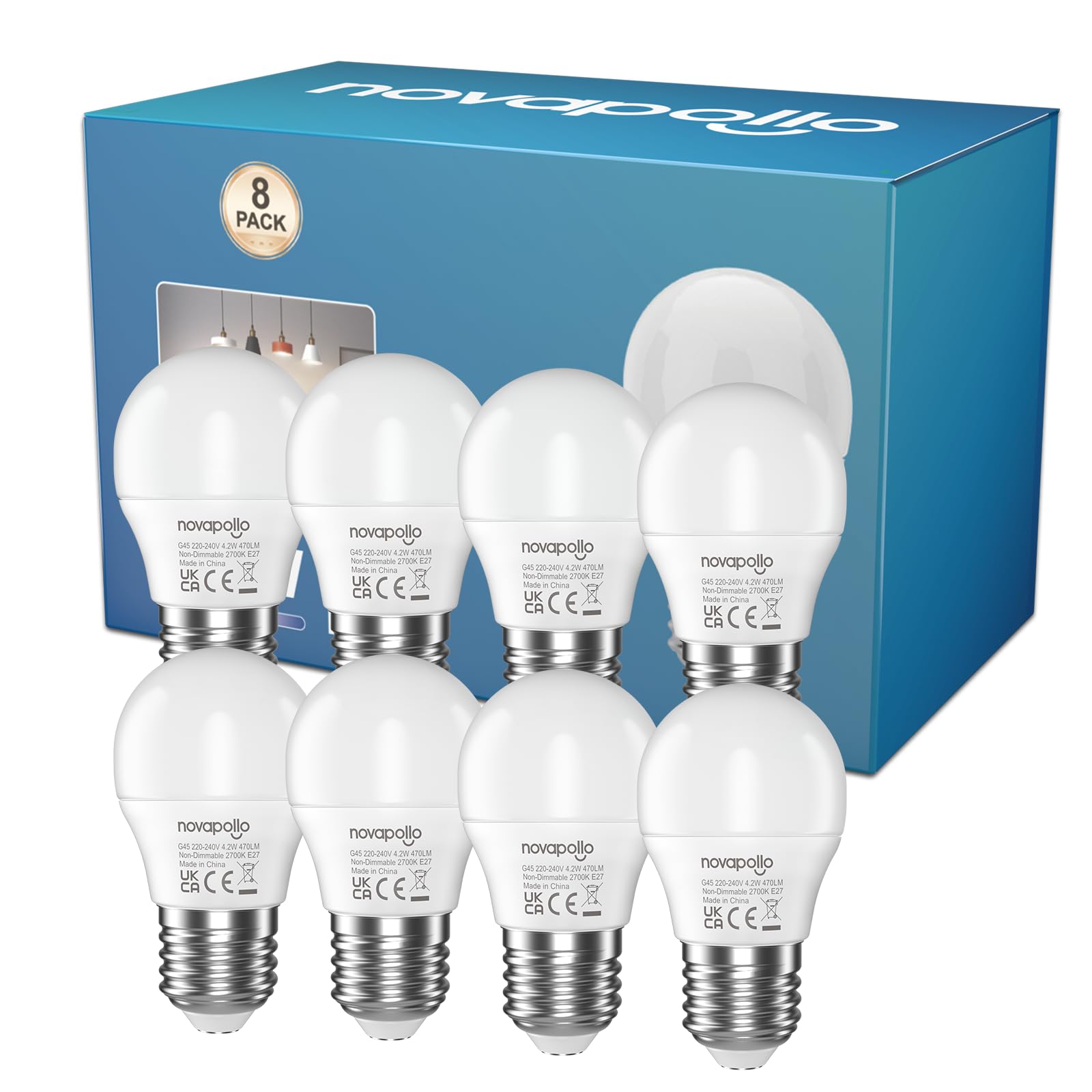 novapollo E27 Screw Bulb, 4.2W 470LM (40W Equivalent), Warm White 2700K, Energy Saving E27 Bulb, Screw in Light Bulb Non-Dimmable, High CRI for Home & Commercial UK CA Certified Pack of 8