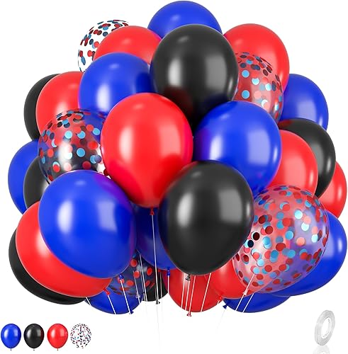 Juego de globos rojos, azules y negros, globos de látex rojo mate negro y azul real de 12 pulgadas con globos de confeti rojo azul para fiesta de