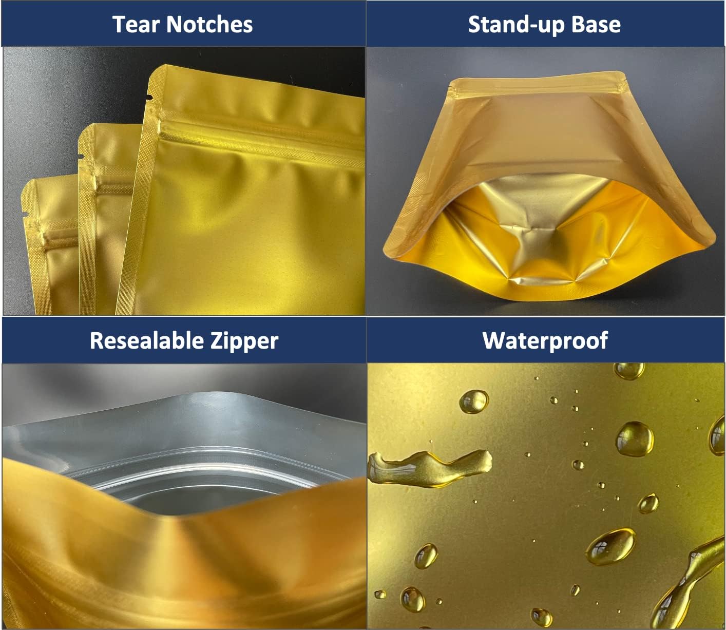 100 Pack 5.5x7.8 Inches Matte Gold Mylar Stand Up Bags, 100 Pack 5.5x7.8 Inches Matte Black Mylar Flat Bags - Bundle