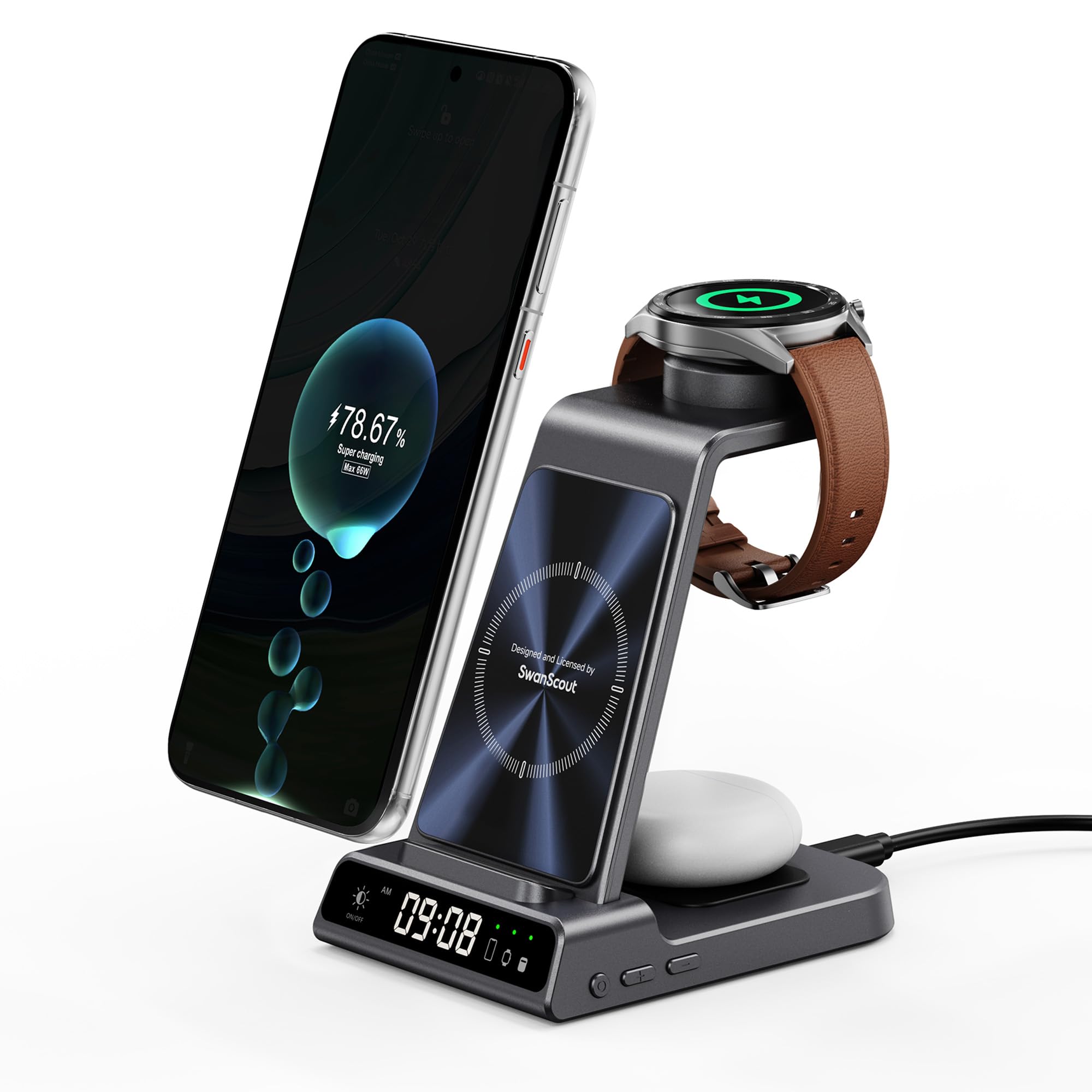 SwanScout Bezprzewodowa Ładowarka do Huawei, stacja ładowania 3 w 1 dla P80/P70/P60/P50/Mate 80, podstawka ładująca dla Huawei Watch GT 6/GT 5/5/4/3, do słuchawek, SwanScout C01HW
