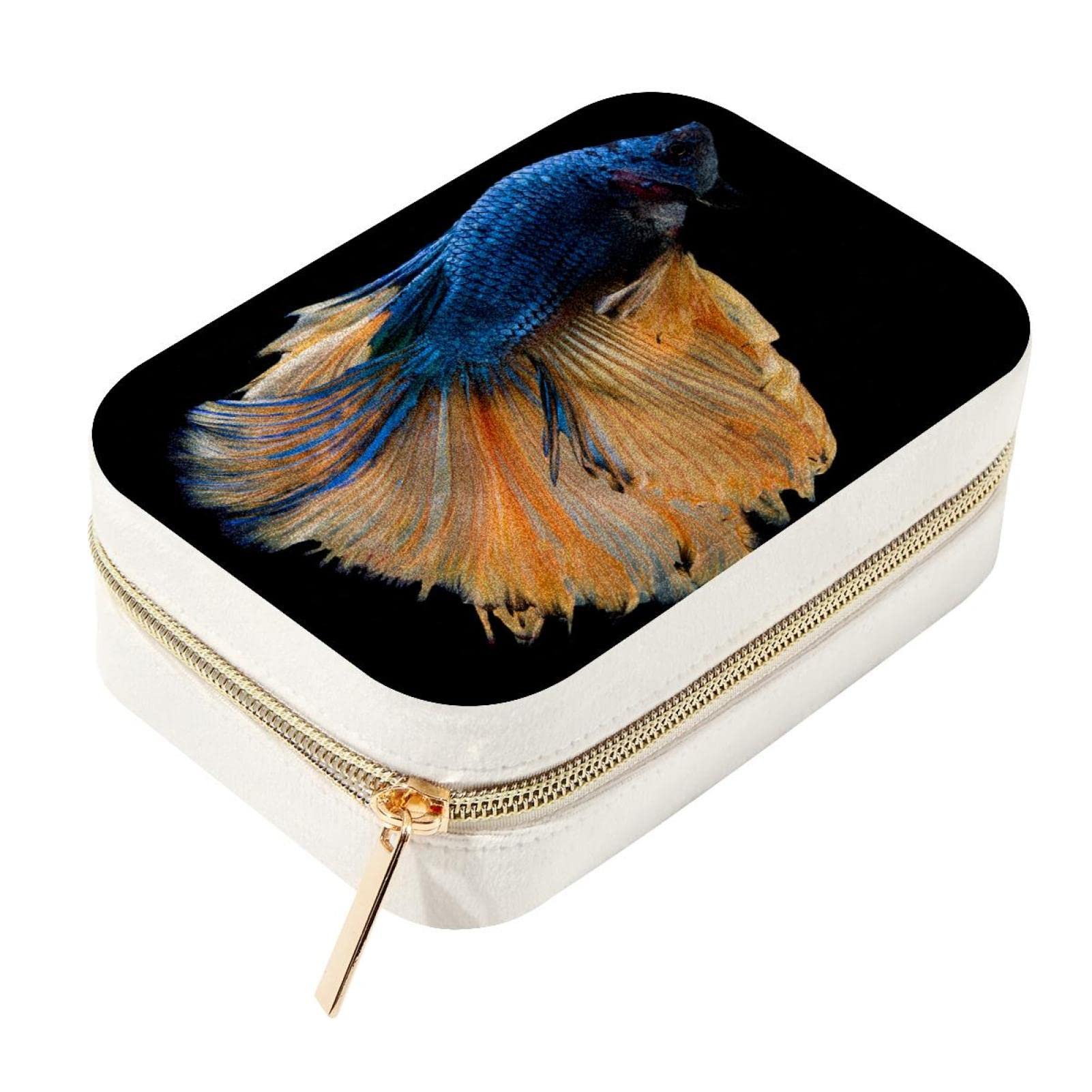 Boîte de rangement pour bijoux Betta Fish en velours bleu marine avec zip, 15,5 cm