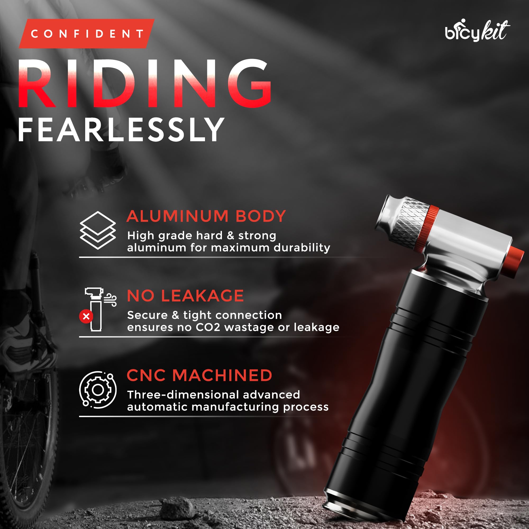 BicyKit - Inflador de neumáticos de bicicleta de CO2 con 4 cartuchos de CO2 - Válvula Presta y Schrader compatible con bicicletas de carretera y montaña - Accesorios de bicicleta de montaña para