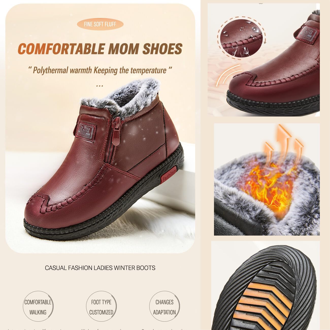 Women's Waterproof Non-slip Cotton Leather Boots, Warm Lined Wide Snow Booties Low Heel Black Ankle Boots with Zipper