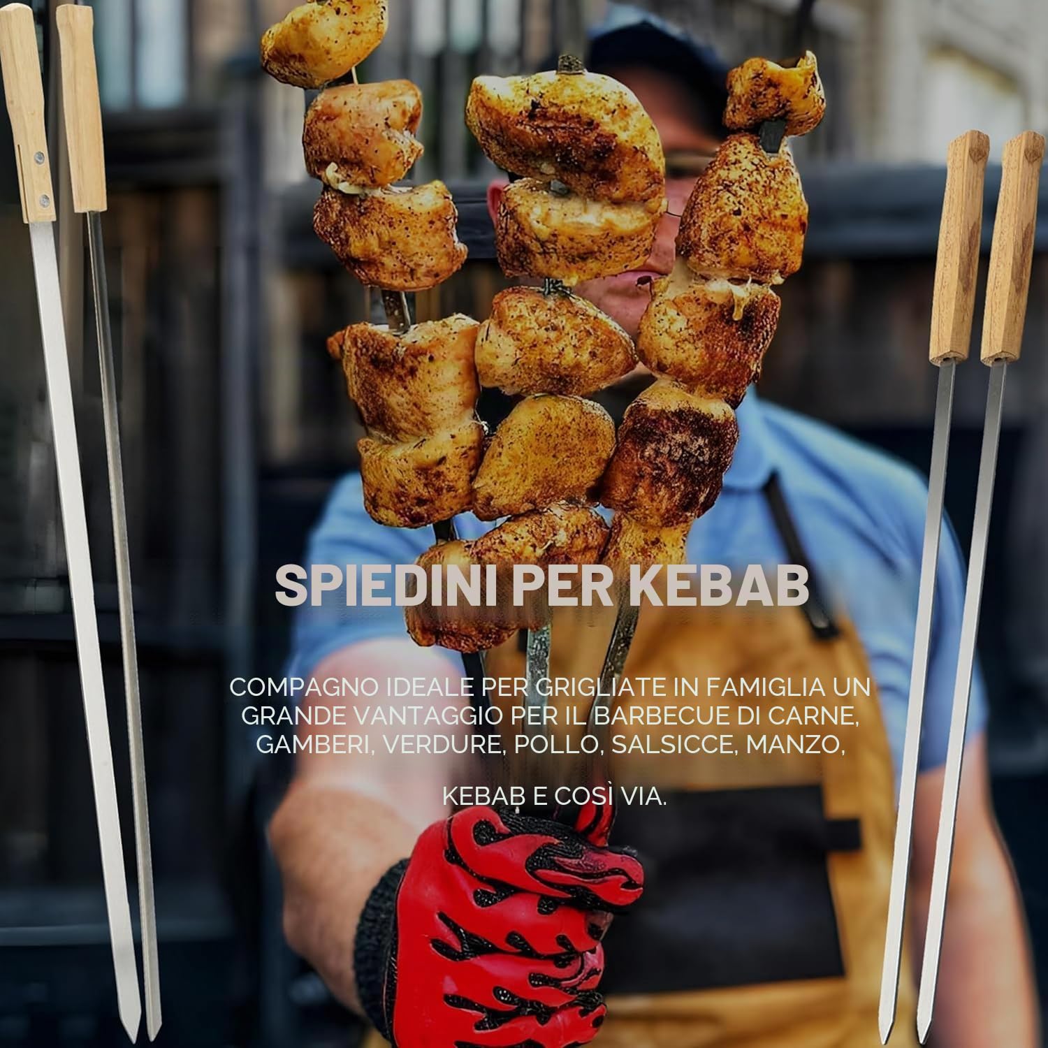 8 Pezzi Spiedini in Acciaio Inox con Manici in Legno di Faggio, Spiedini Barbecue Lunghi 42 cm, Spiedo per Barbecue Riutilizzabili, Accessori Barbecue per Verdure, Carne e Salsicce