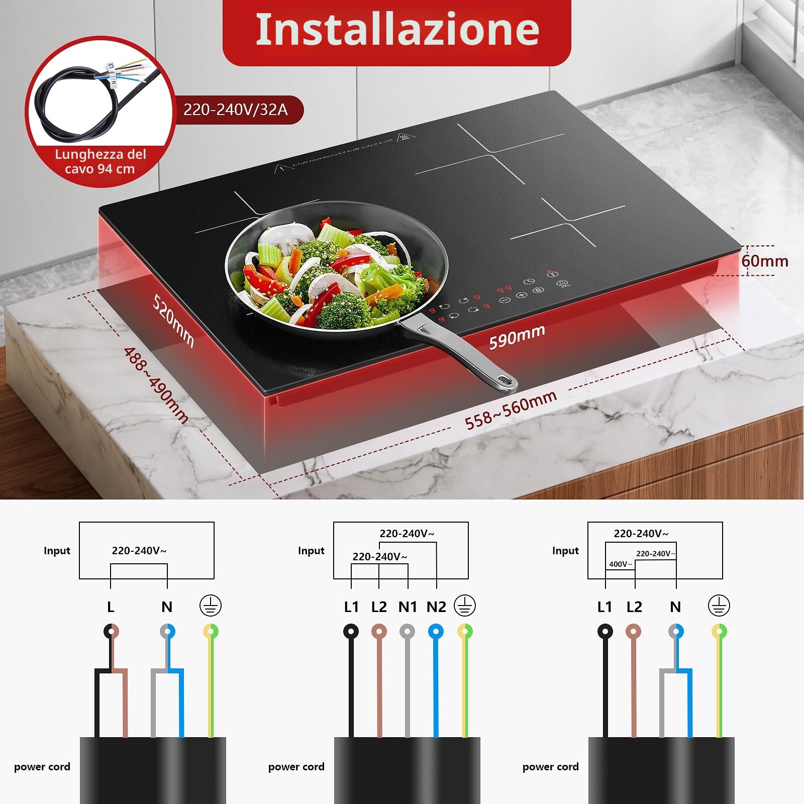 Piano Cottura a Induzione 4 Fuochi, con funzione Booster, Piano Cottura Induzione da incasso 60cm 6000W, 9 Livelli, Controllo Touch, Timer