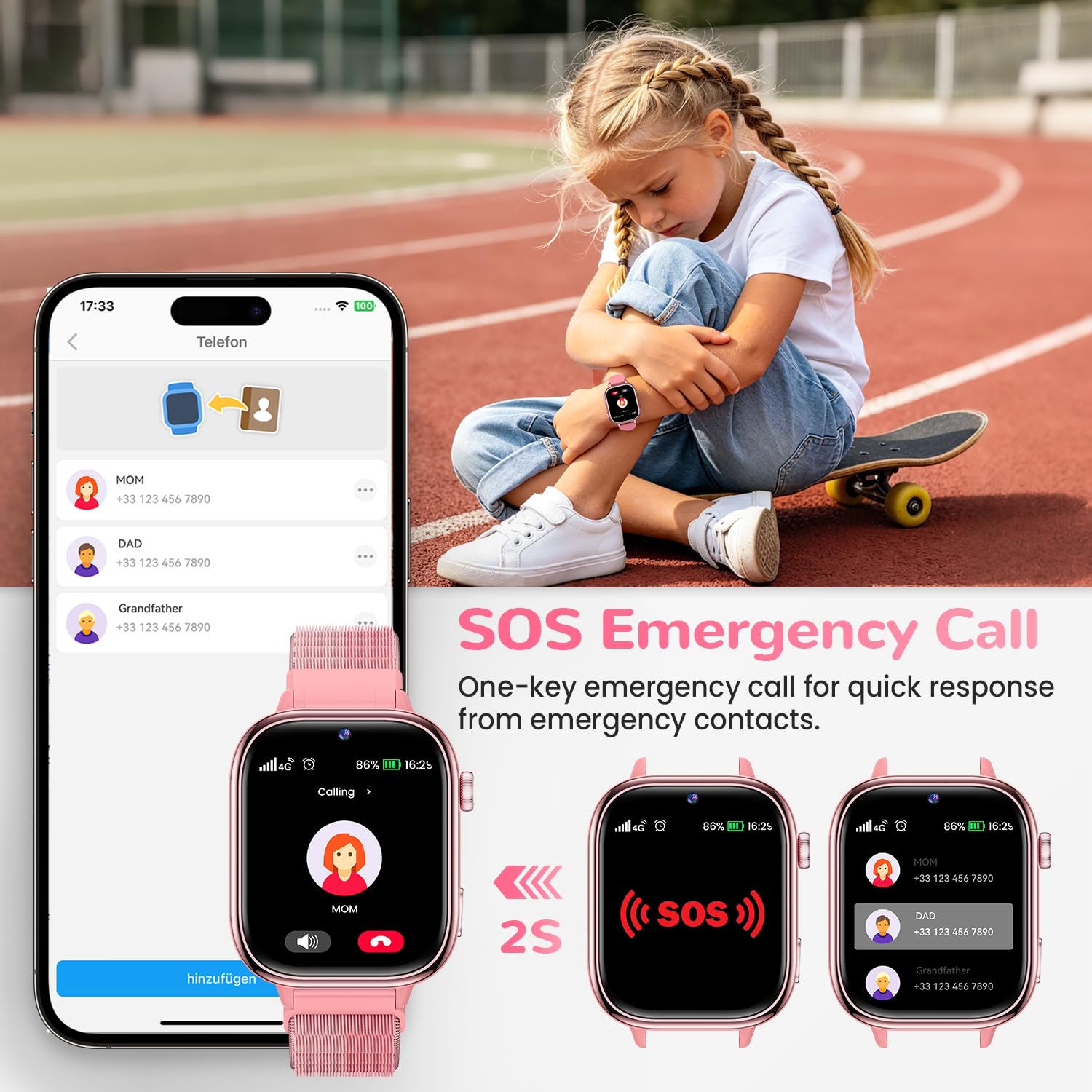 4G Smartwatch Bambini con GPS, Orologio Smartwatch Bambini con Chiamate, Videochiamate, Chat Vocale, SOS, Modalità Scuola, Sveglia IP68 Calcolatrice Contapassi Smart Watch per Ragazzi e Ragazze, Rosa
