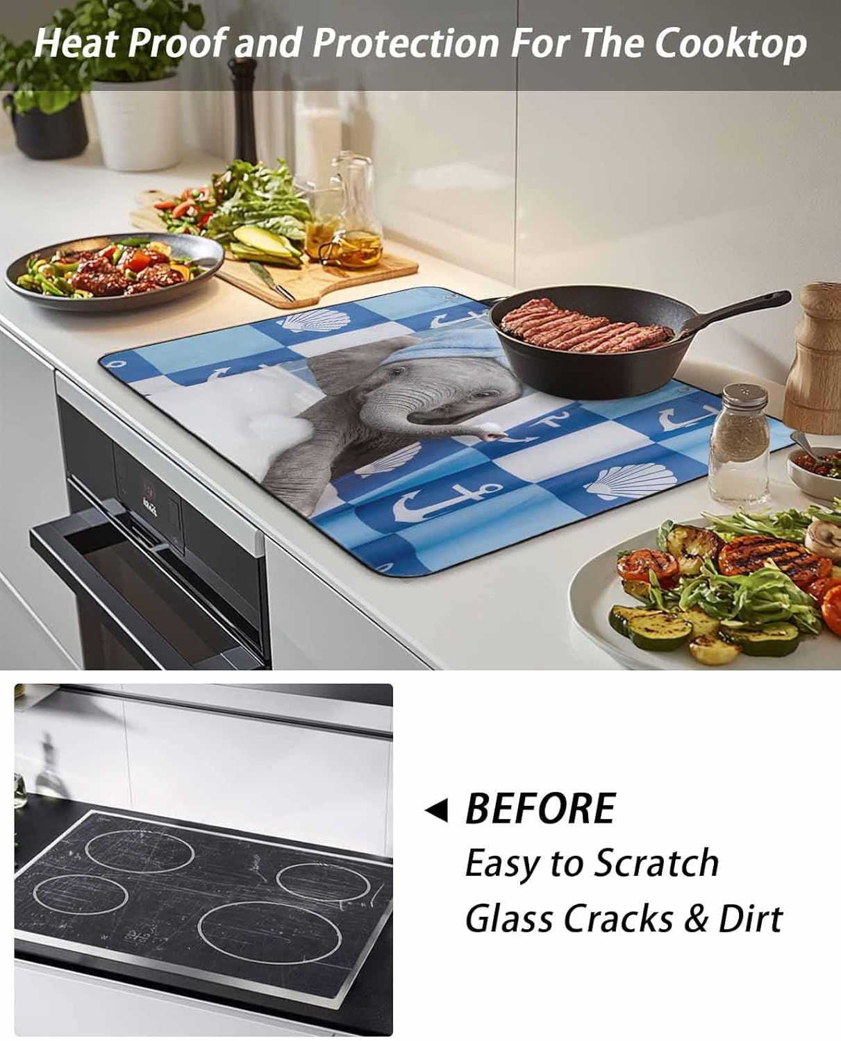 Stove Top Cover Bathing Elephant Stove Cover for Electric Stove Top Funny Animal Showering Glass Cooktop Covers Anti-Slip Mat Heat Resistant Countertop Protector Kitchen Decor 31"x24"