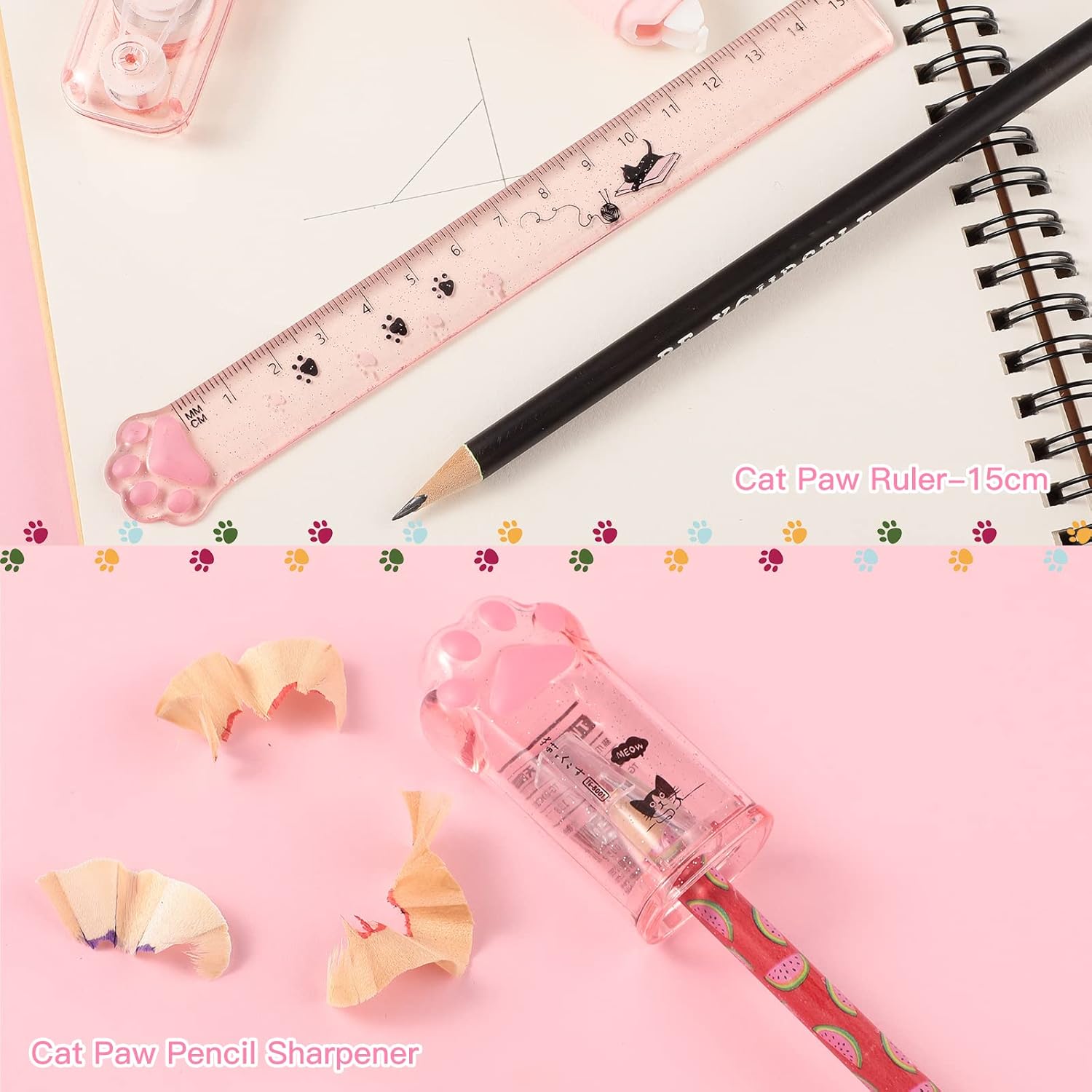 Ireer 6 Pcs Cute Cat Paw Stationery Set Include Cat Paw Pencil Case Cat Pencil Sharpener Cute Correction Tape Cute Retractable Erasers Paw Ruler Stationery Supplies for School Cat Lover