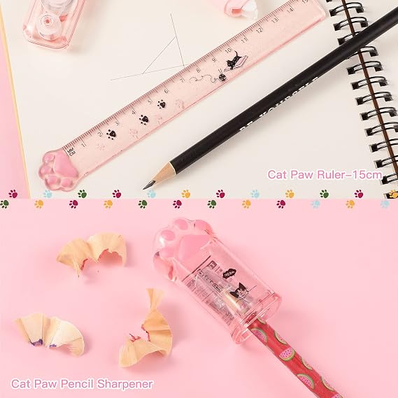 Ireer 6 Pcs Cute Cat Paw Stationery Set Include Cat Paw Pencil Case Cat Pencil Sharpener Cute Correction Tape Cute Retractable Erasers Paw Ruler Stationery Supplies for School Cat Lover