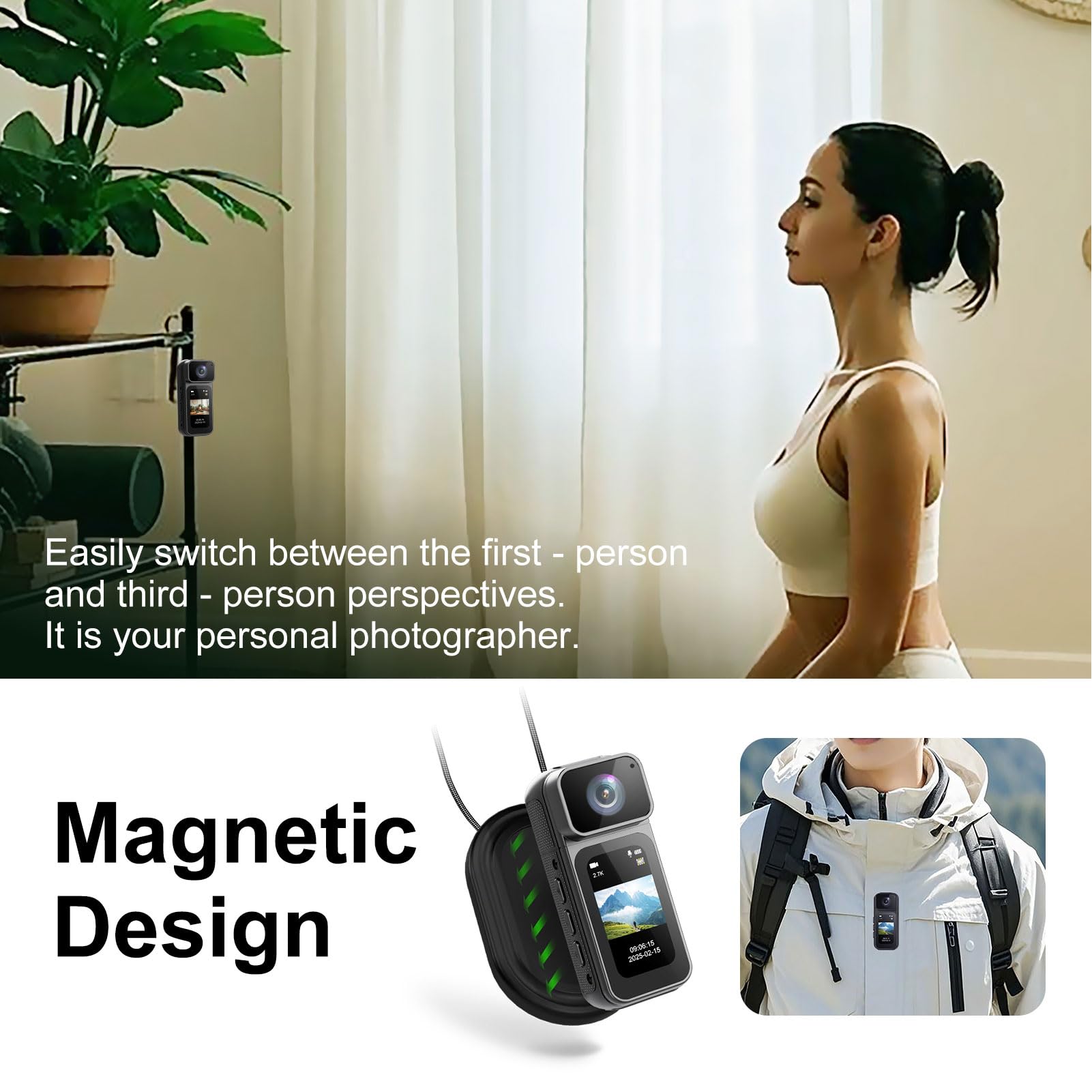 Gugxiom Kamera Akcji 2,7 K, 64 GB Mini Body Camera, Kieszonka do Noszenia z magnetyczną smyczą, Nagrywanie POV, Mała Przenośna Kamera do Pracy, Jazda na Rowerze, podróż, Chodzenie (BLACK)