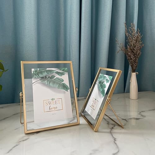 Miniatura 5 de MKUN Juego de 2 marcos de fotos de cristal, efecto flotante, marco de fotos geométrico de metal dorado con cubierta de vidrio real de 4 x 4