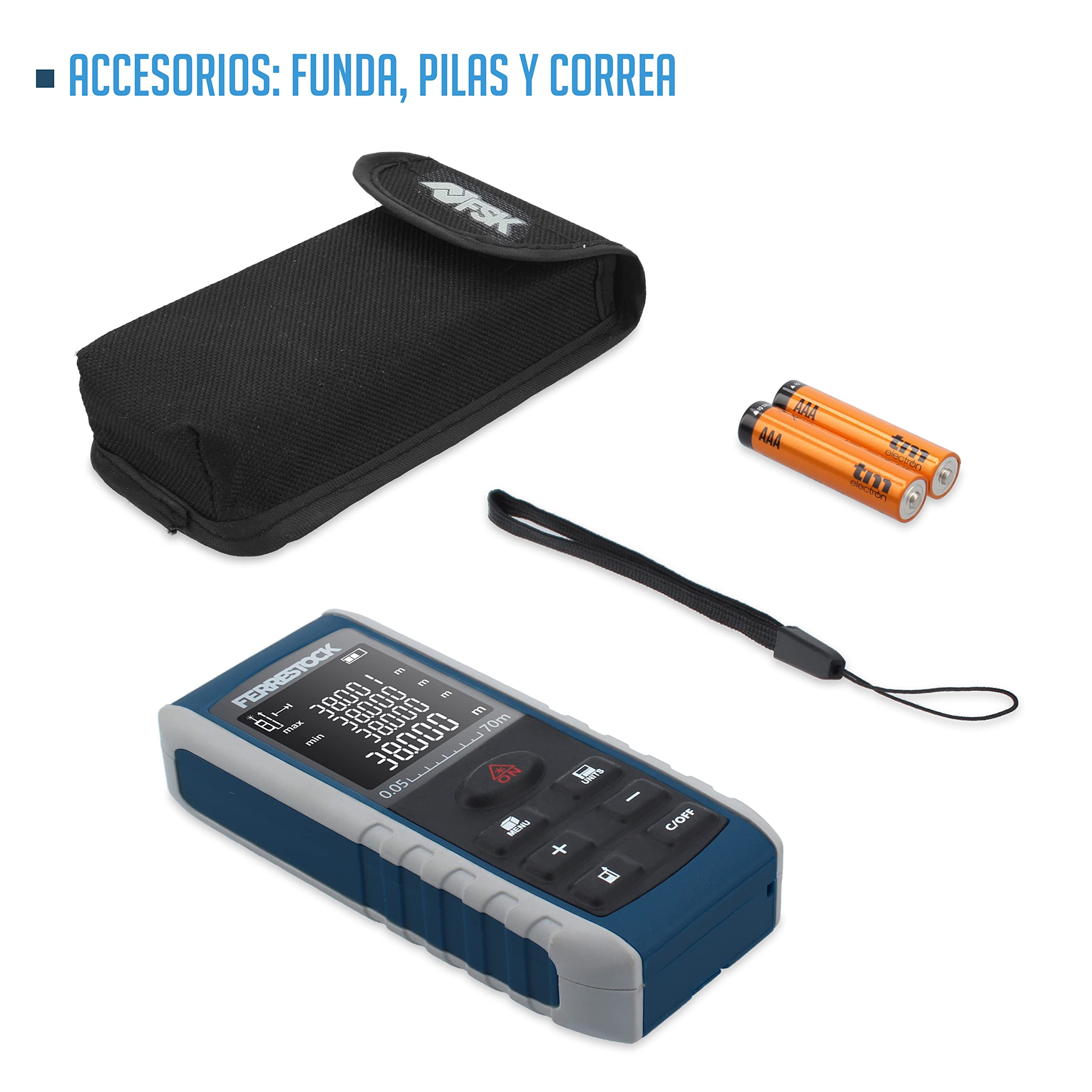 Ferrestock FSKLDM070 medidor láser de distancias de hasta 70 Metros, Pantalla LCD, 2 Puntos de Referencia, 7 Modos de medición, Nivel Digital y 99 memorias