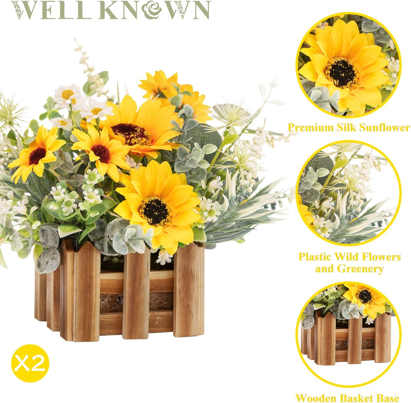 WELL KNOWN Artificial Sunflower Plants in Wooden Baskets, Faux Sunflower and Mini Wild Flowers Arrangement in Planter for Home Hotel Office Table Centerpieces & Gift (Set of 2) - Image 3