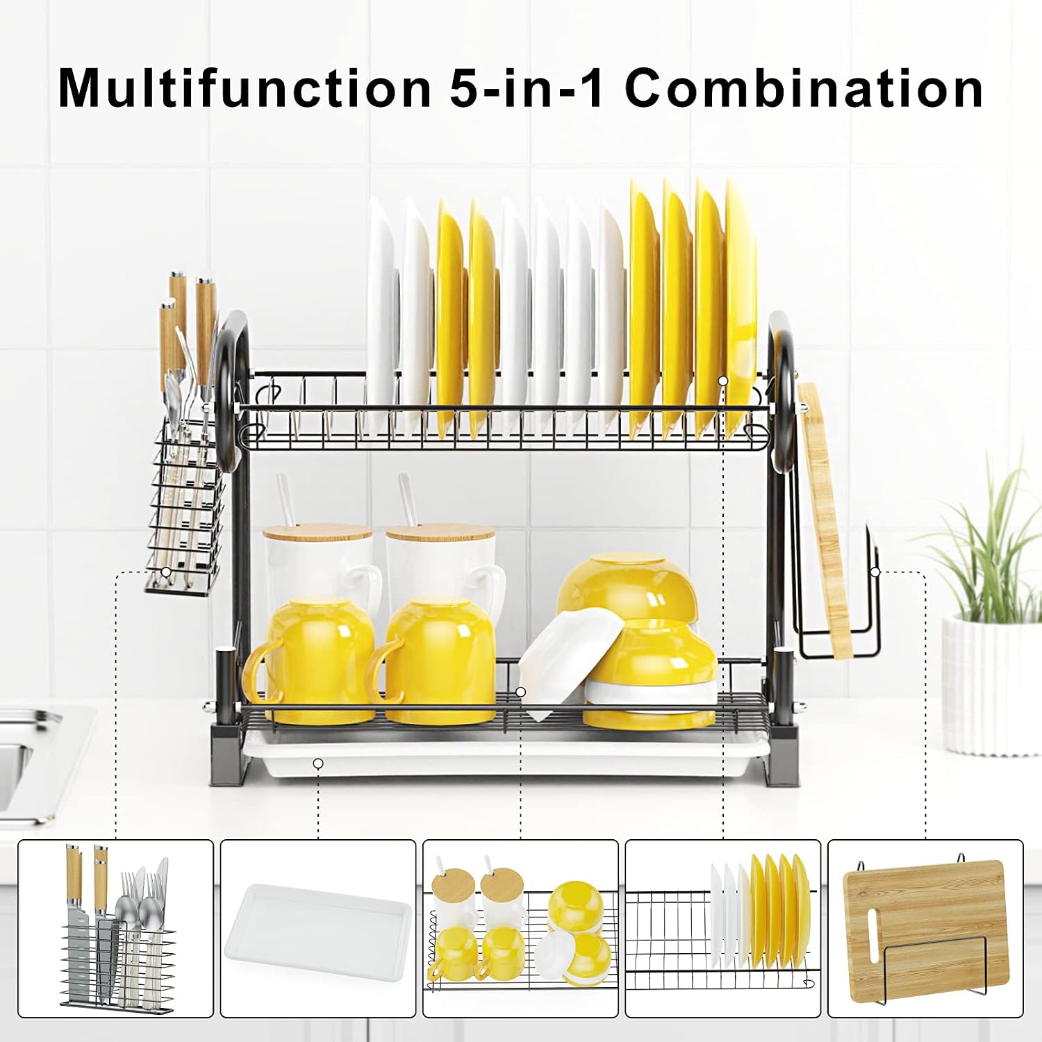 iSPECLE Dish Drying Rack 2 Tier Dish Rack with Utensil Holder, Cutting Board Holder and Dish Drainer for Kitchen Counter, Plated Chrome Dish Dryer Black