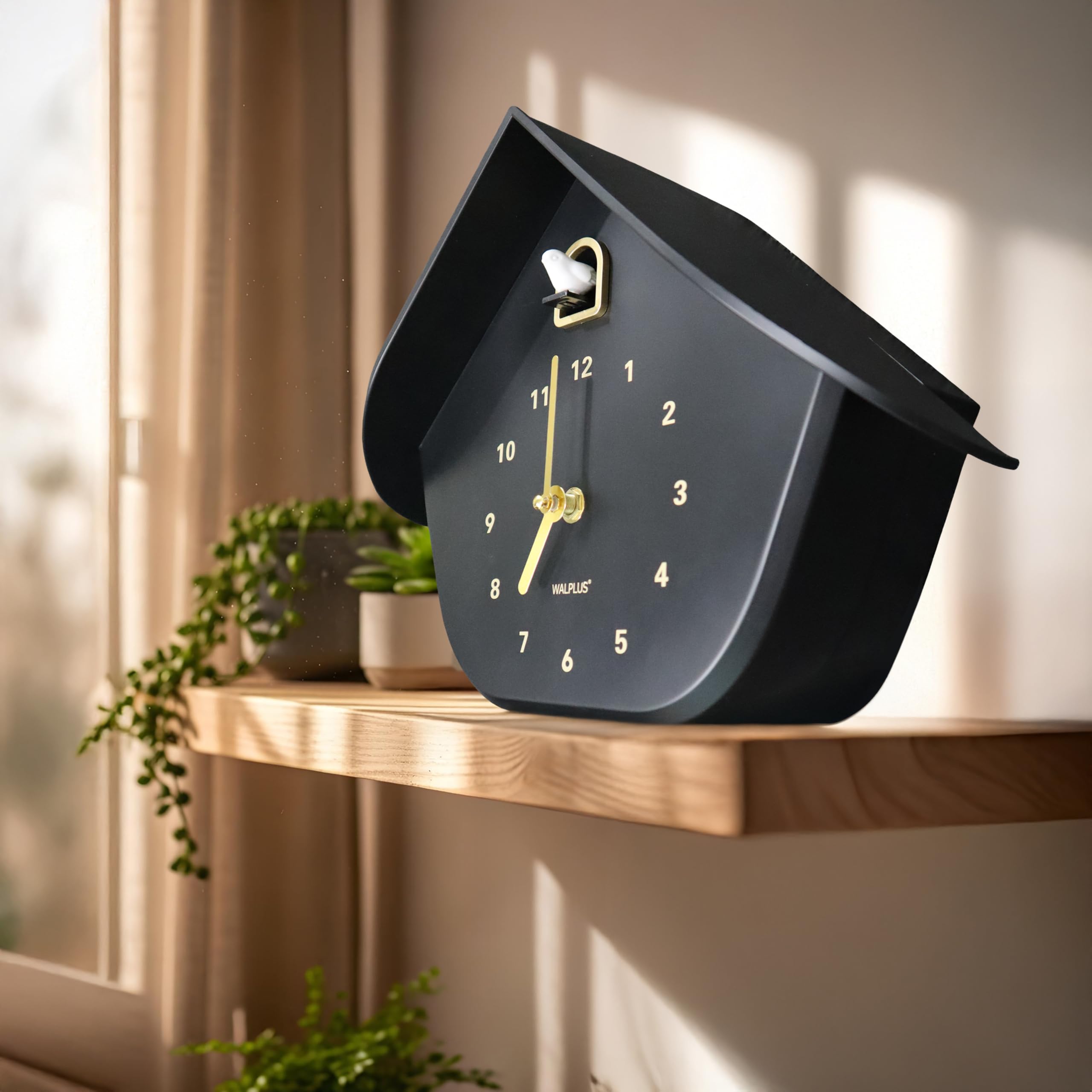 WALPLUS Schwarz Kuckucksuhr Modern mit Stundenruf Einstellbarer Lautstärke Singender Vogel Kuckucksuhr mit Lautlosem Modus Batteriebetriebene Kuckucksuhr Pendel für Wanddekoration