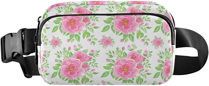 Rose Leaves White Fanny Pack for Women Men Crossbody Belt Bag Fashion Waist Packs Purse with Adjustable Strap Bum Bag for Cycling Running Hiking