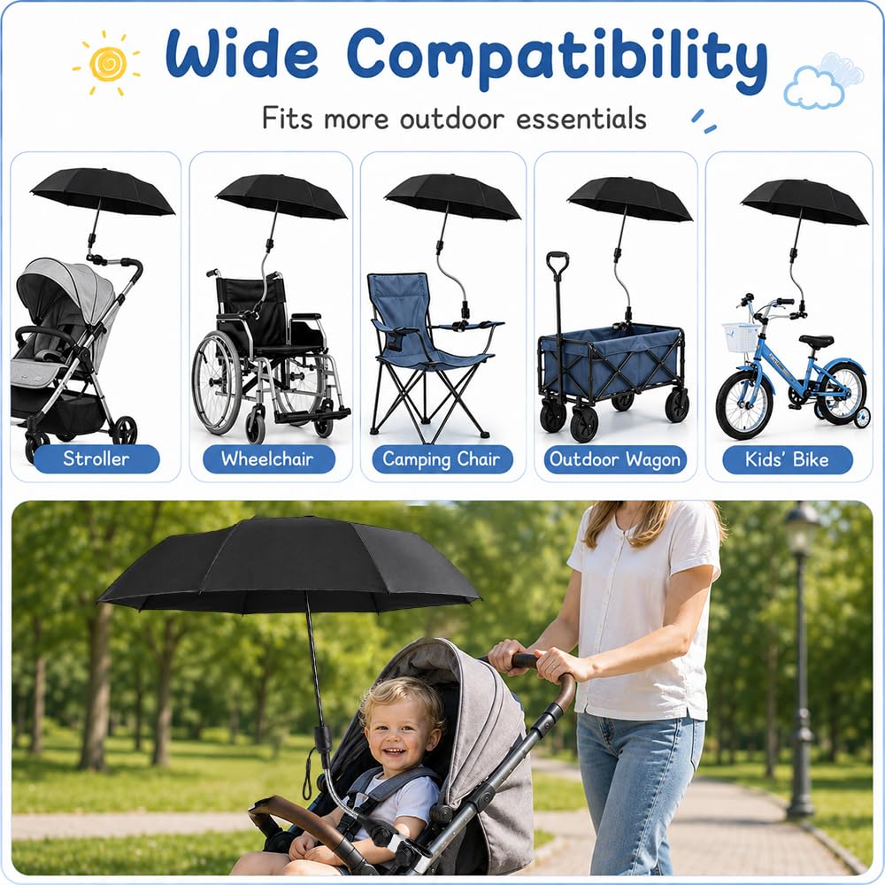 Ombrelle Poussette Universelle, Parasol Poussette Protection UV 50+, Diamètre 95cm, pour Tubes Ronds et Ovales, Noir